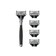 Men's razor handle with attached multi-blade heads and cartridge stack