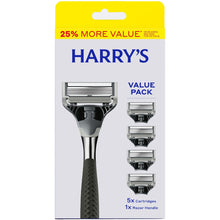 Razor handle value pack with 5 cartridges, chrome head and black no-slip grip (yellow box)