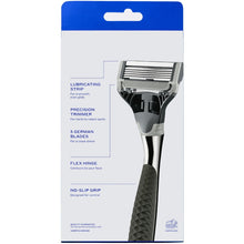 Razor handle value pack box showing chrome head, no-slip grip, and blade features