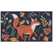 Hooked accent rug rectangle with navy field, fox and leaf design in autumn colors