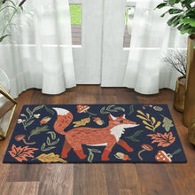 Hooked accent rug with dark navy background and fall critter motif