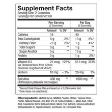 Supplement Facts nutrition panel for gummy supplement, with per serving amounts.