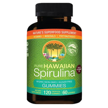 Gummy supplement bottle with black cap, Pure Hawaiian Spirulina front label and logo.