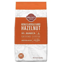 Wellsley Farms hazelnut ground coffee bag, 32 oz; 100% arabica, medium/dark roast.