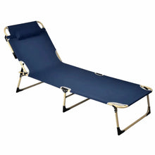 Blue reclining chaise lounge with padded headrest, fold-out legs, fabric cushion