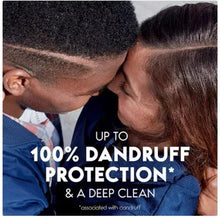 Shampoo lather on hair and shoulders; up to 100% dandruff protection text visible
