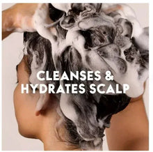 Foamy shampoo lather on hair and scalp; cleanses and hydrates scalp text visible