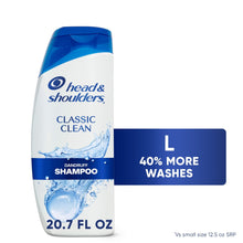 Classic Clean dandruff shampoo bottle, 20.7 fl oz, blue cap and white label