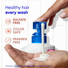 Hands dispensing Head & Shoulders sulfate-free shea butter shampoo; icons for color and paraben free