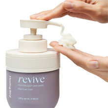 Healing Bird Revive hair mask jar with pump; hands holding white cream