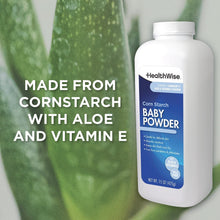 HealthWise corn starch baby powder bottle with blue aloe and vitamin E label