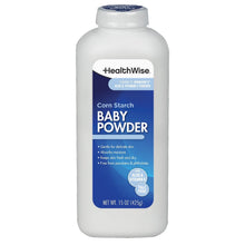 HealthWise corn starch baby powder bottle, white with blue aloe label