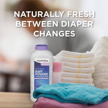 HealthWise cornstarch baby powder with soothing lavender scent beside diapers