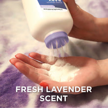 HealthWise cornstarch baby powder pouring onto hands, fresh lavender scent