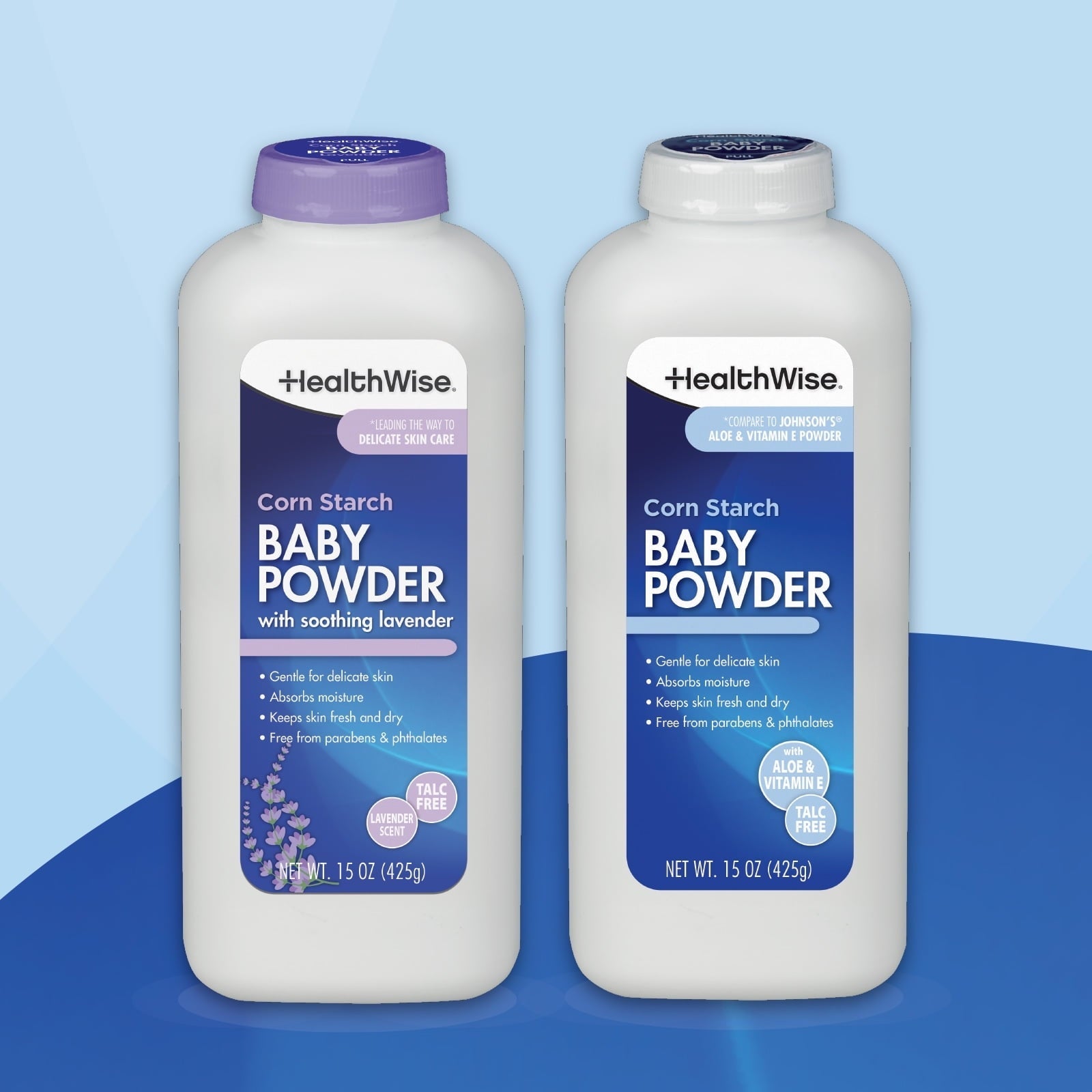 HealthWise Corn Starch Baby Powder | Soothing Lavender Scent | Talc Free | Paraben & Phthalate Free | Absorbs Moisture | 15 oz (425g)