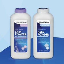 HealthWise cornstarch baby powder bottles, front labels shown