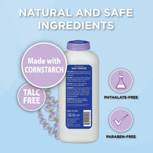 HealthWise cornstarch baby powder bottle, talc-free, paraben-free, phthalate-free