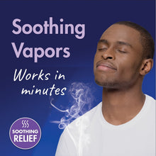 Soothing vapor relief graphic showing man inhaling steam from chest rub