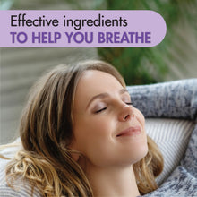 HealthWise chest rub breath-support claim shown with woman resting with eyes closed
