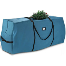 Blue Christmas tree storage bag with black carry handles and side straps