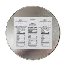 Pecan tin lid back with product label and Nutrition Facts