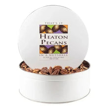 Round metal tin with Heaton Pecans label and pecans inside