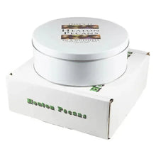 White Heaton Pecans tin with green branding and round lid