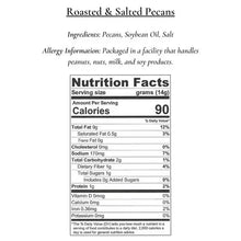 Nutrition facts and ingredients panel for roasted & salted pecans