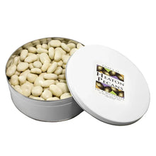 White chocolate covered pecans in Heaton Pecans metal tin with open lid