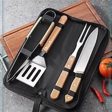 3-piece BBQ tool set with stainless knife, fork, and tongs; wood handles in bag