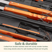 Stainless BBQ tools with orange-brown wooden handles, shown in a case