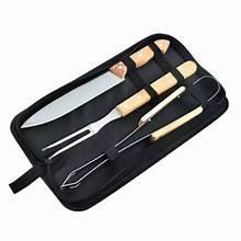 BBQ tool set in black carry bag with stainless knife, fork, and tongs