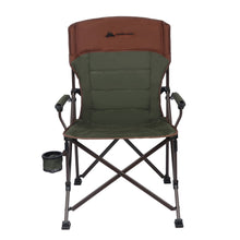 Camp chair with brown padded back, dark green seat, black cross-brace legs