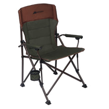 Camp chair with brown back, dark green seat, side mounted cupholder pocket