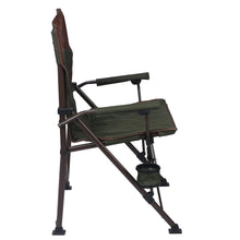 Folding camp chair with brown backrest, dark green seat, armrest and cupholder