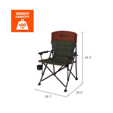 Brown and dark green camp chair with cupholder, folded base, legs and foot caps