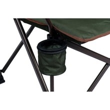 Camp chair cupholder pouch with lid under the armrest on a black frame