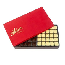 Hebert chocolate assortment gift box open with dark and white chocolate rows