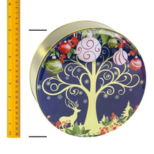 Holiday cookie tin lid with blue tree and ornaments, round gold rim