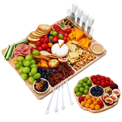 Hecef Bamboo Cheese Board and Knife Set, 13-Piece Large Charcuterie Serving Tray, 17 in - USA MEGA SHOP