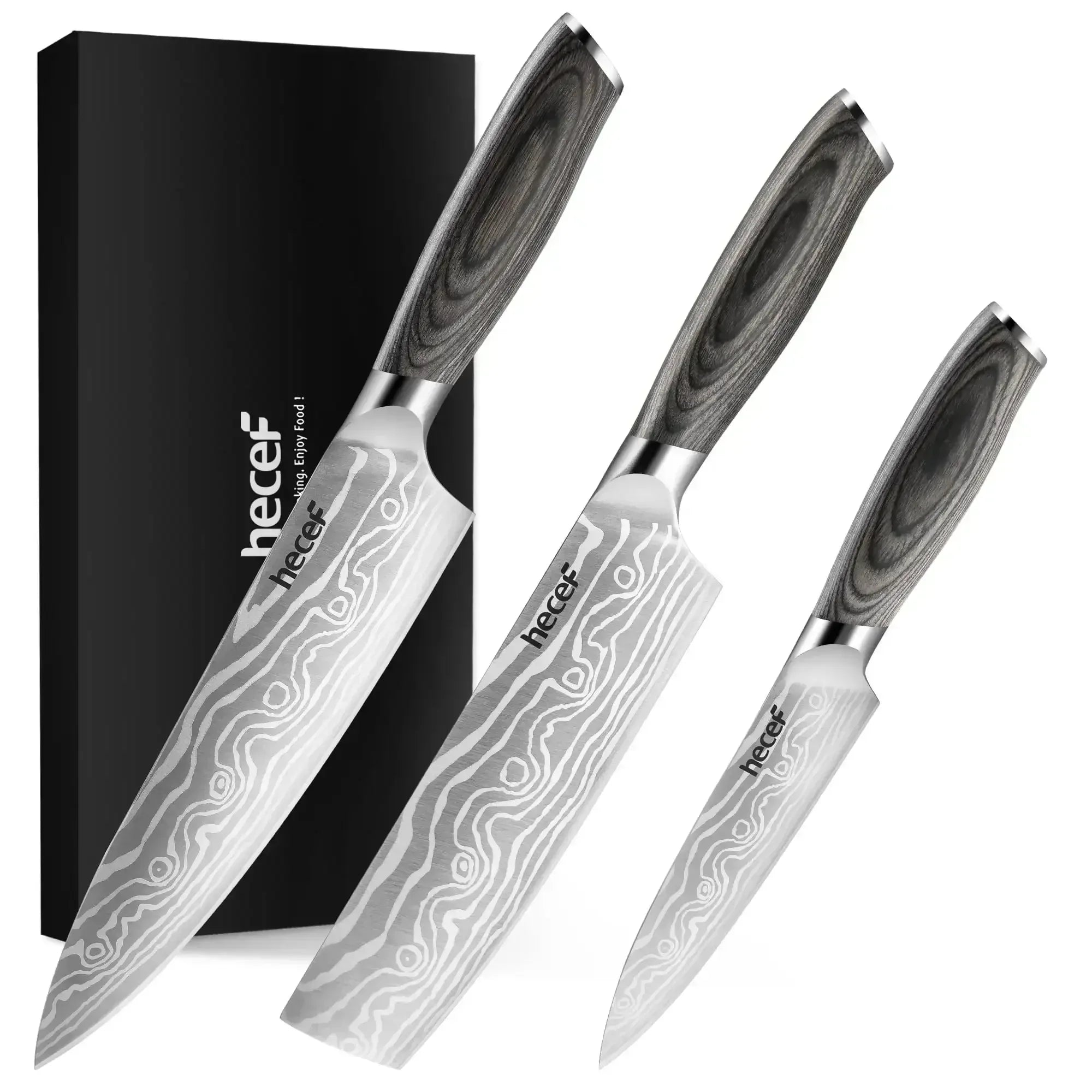 Hecef 8-Inch Chef Knife with Japanese Damascus Pattern and Ergonomic Wood Handle