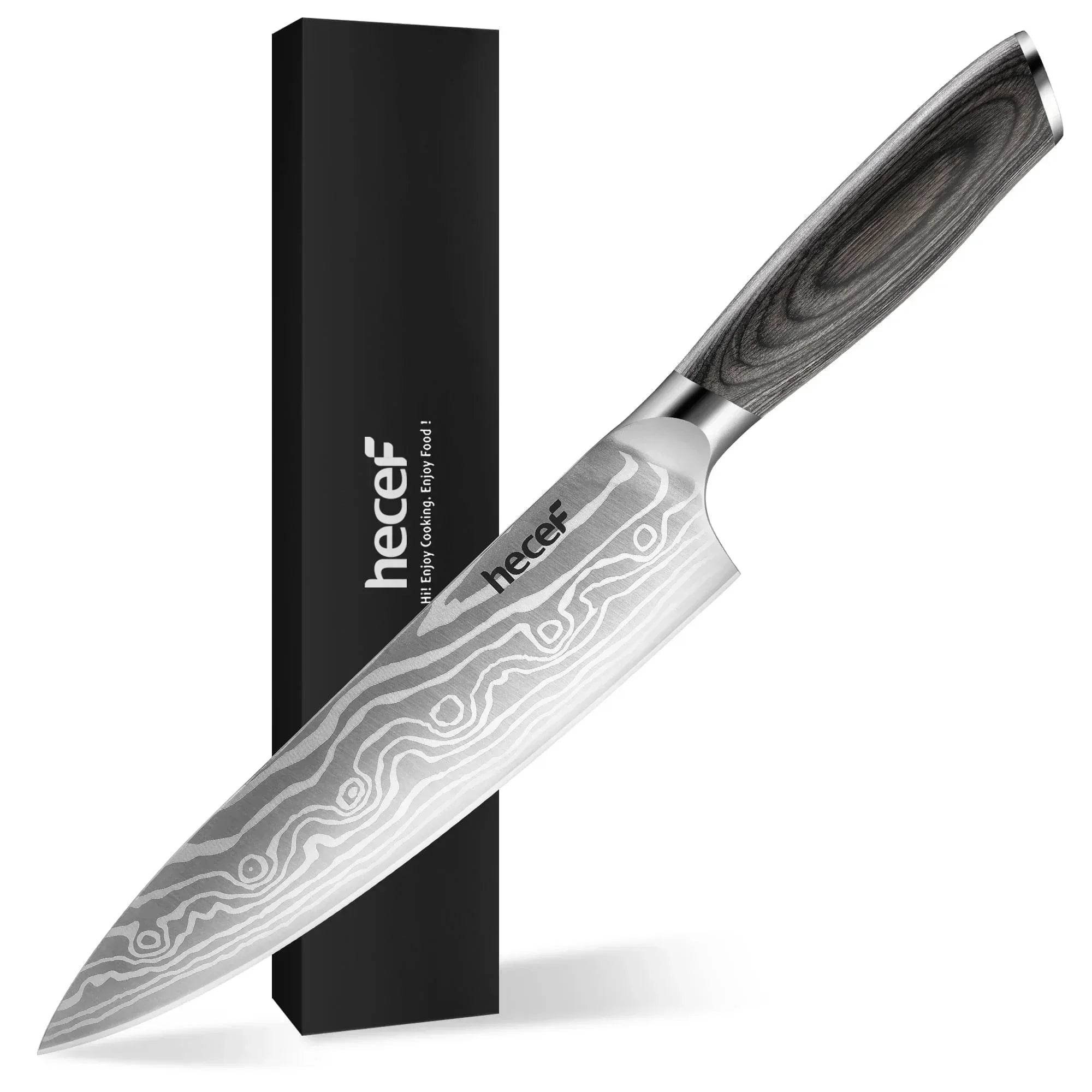 Hecef 8-Inch Chef Knife with Japanese Damascus Pattern and Ergonomic Wood Handle - USA MEGA SHOP
