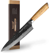 Damascus chef knife with olive-wood handle and black patterned blade