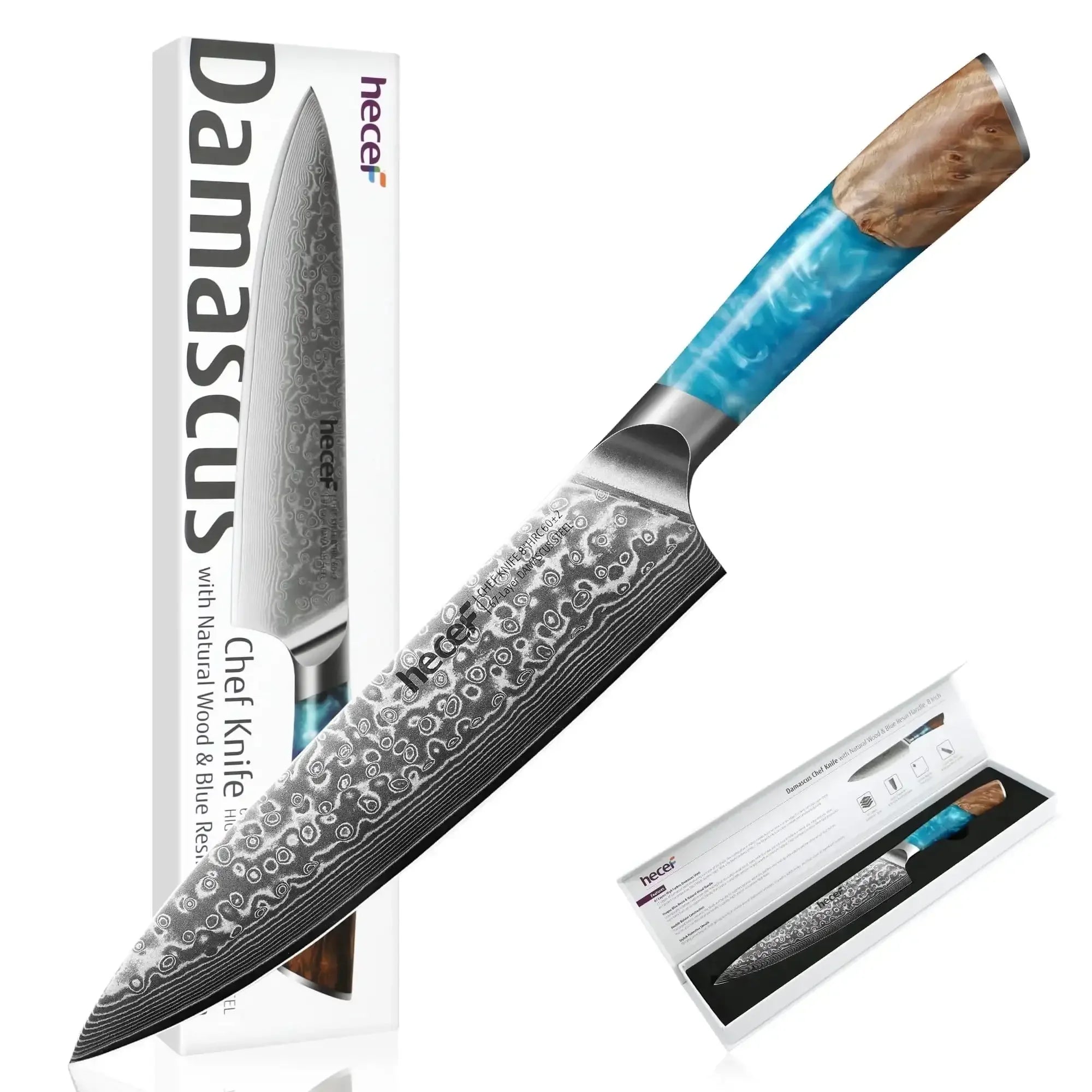 Hecef 8-Inch Chef Knife, Japanese Damascus Steel Blade with Resin Handle - USA MEGA SHOP