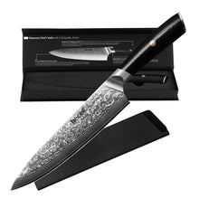 8-inch chef knife with Damascus steel blade and black resin handle, shown with box