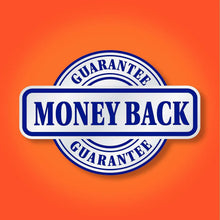 Money back guarantee badge for kitchen trash bags on orange package
