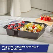 Two-compartment food storage containers with lids, black, filled with berries and vegetables