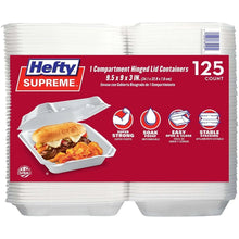 White foam 1-compartment hinged lid container, hinged-takeout style, stacked packs
