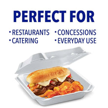 Closed white foam hinged lid container, 1 compartment, holding a sandwich meal