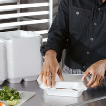 White 3-compartment foam container with hinged lid, open for serving food
